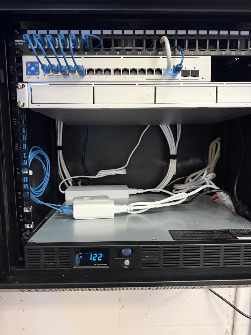 Wall rack: switch, patch panel, UNVR at a Data Pro Communications project in Groveland, FL