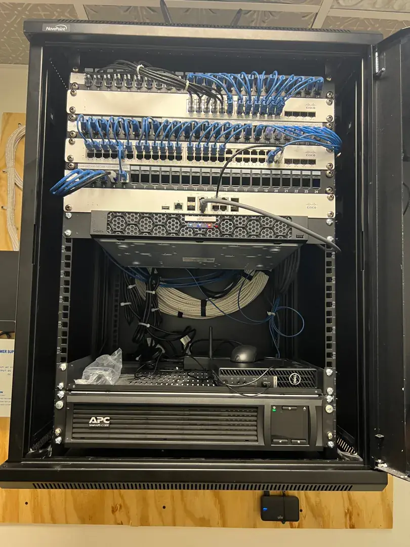15U cabinet w/ patch panels, NVR, UPS at a Data Pro Communications project in Palmetto, FL