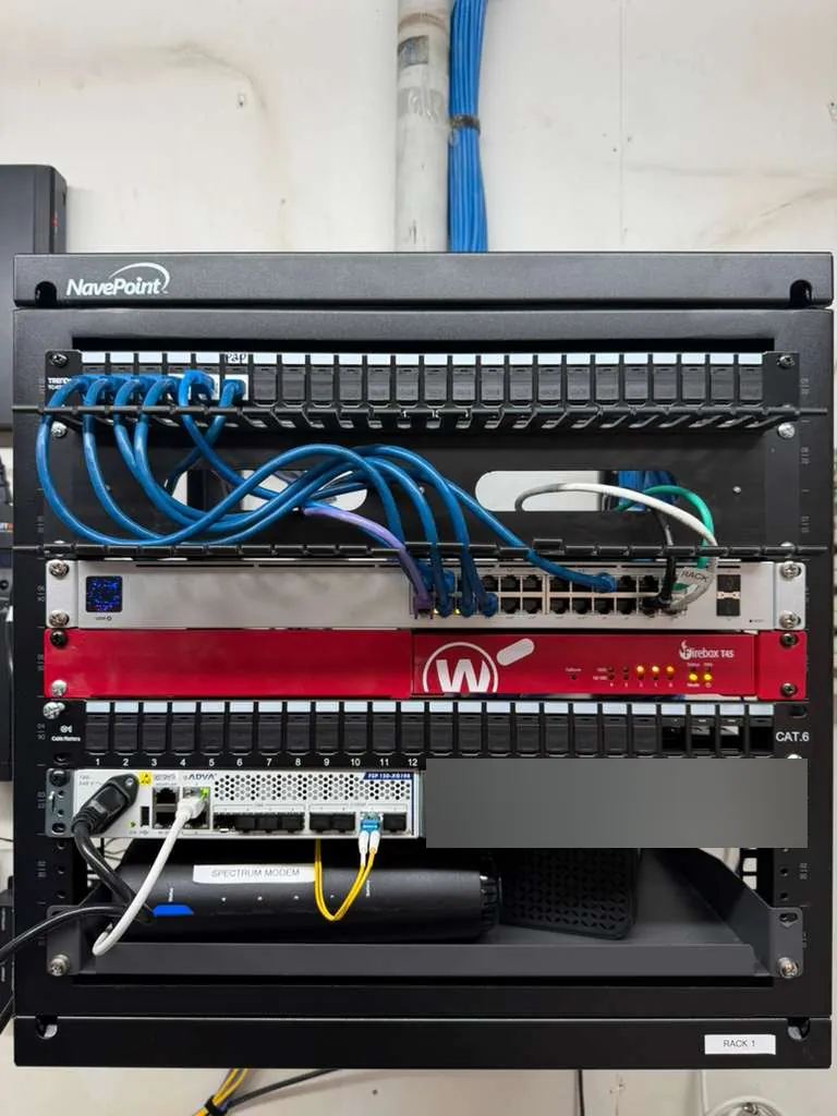 Rack: 3 patch panels, firewall, switch at a Data Pro Communications project in Auburndale, FL