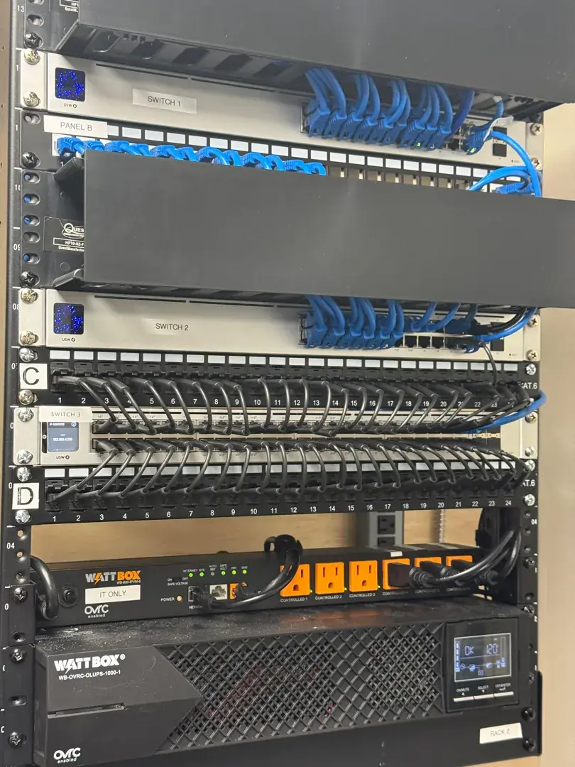 Rack front, patch panels dressed at a Data Pro Communications project in Auburndale, FL